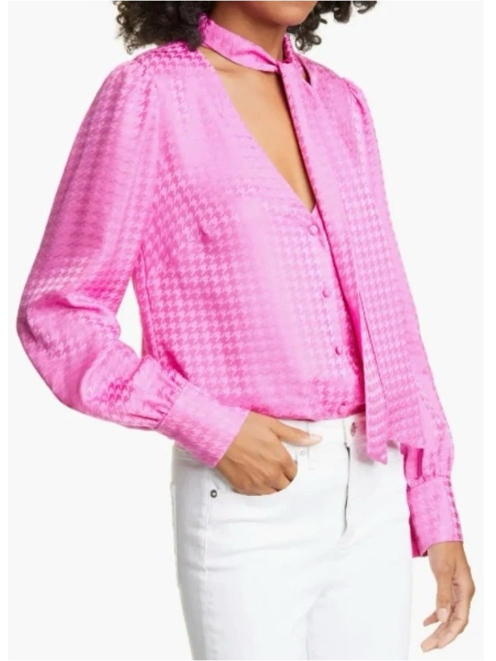 Veronica Beard Vibrant Pink Satin Tie-Neck Houndstooth Blouse